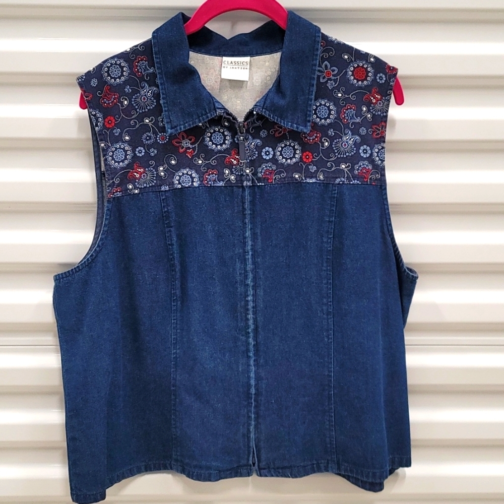 Classics by Jantzen * Vest * Women's Size XL * Blue Denim & Paisley Print * VTG